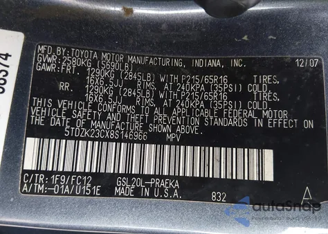 2008 Toyota Sienna Le z USA, uszkodzony, nr VIN 5TDZK23CX8S146966